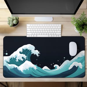 Great Wave Gaming Mouse Pad XL, Japanese Ocean Art Desk Mat, Aesthetic Hokusai Inspired Extended Mousepad, Minimalist Desk Setup