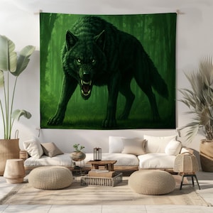 Fierce Green Wolf Tapestry for Dark Forest Decor – Gothic Werewolf Wall Art for Gamers, Fantasy Fans, Halloween Rooms and Nature Lovers