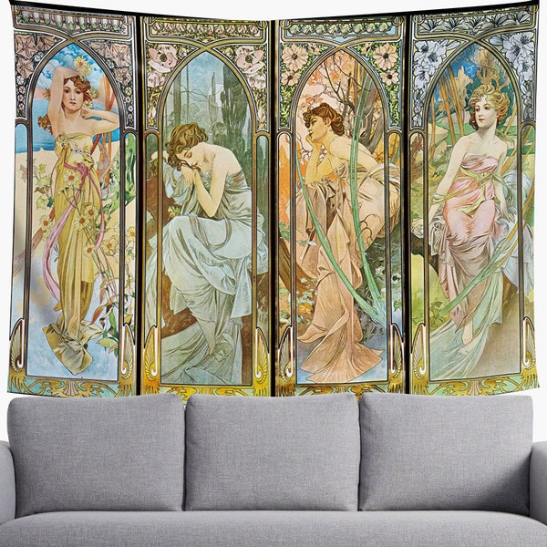 Art Nouveau Tapestry Alphonse Mucha Art Print Wall Art Wall Decor Bohemian Tapestries for Apartment, Living Room, Bedroom, Dorm