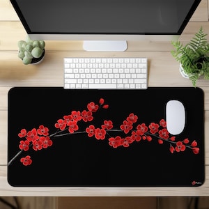 Desk Mat with Red Cherry Blossom on Black Design - Gaming Mouse Pad XXL - Large Mousepad for Gamers, Office, Minimalist Decor
