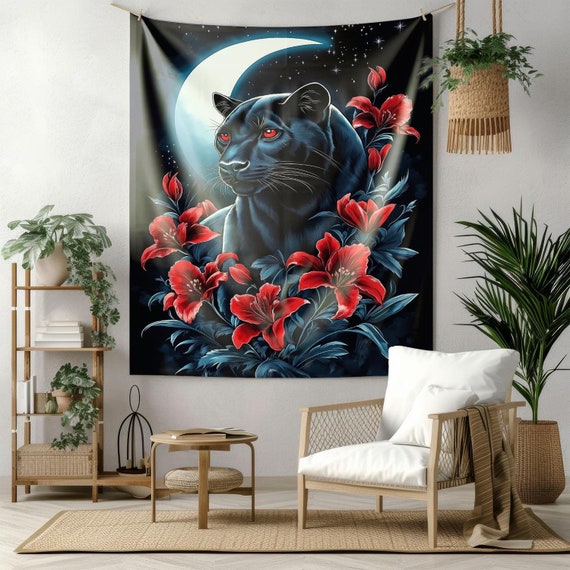 Moonlit Black Panther Tapestry Wall Hanging Mystical Animal Tapestries Boho Bedroom Decor Floral Night Scene Tapestry for Living Room Etsy