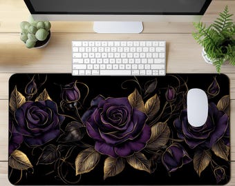 Alfombrilla de ratón XXL para juegos con rosas moradas y doradas, elegante alfombrilla de escritorio con diseño floral, alfombrilla de ratón grande y extendida, bordes cosidos, antideslizante, regalo