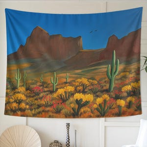 Desert Landscape Tapestry Wall Art | Textured Cactus Sunset Wall Hanging, Southwestern Boho Decor, Warm Earth Tone Nature Scene