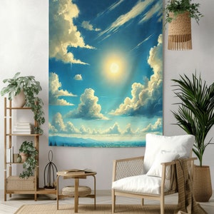 May include: A tapestry featuring a bright blue sky with fluffy white clouds and a glowing sun. The tapestry is hanging on a wall in a room with a chair, a table, and plants.