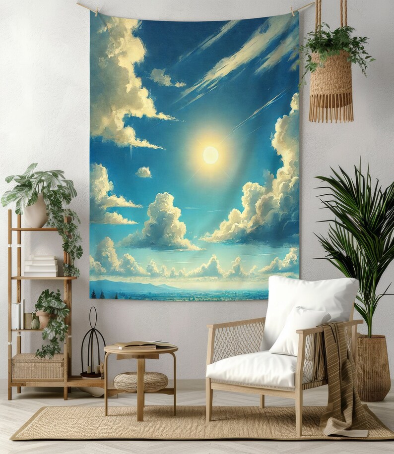 May include: A tapestry featuring a bright blue sky with fluffy white clouds and a glowing sun. The tapestry is hanging on a wall in a room with a chair, a table, and plants.
