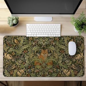William Morris Fox Desk Mat – Woodland Forest Mouse Pad, Vintage Botanical Gaming Desk Pad, Cottagecore Office Decor