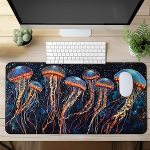 Jellyfish Schreibtischmatte XXL Gaming Mauspad, Große Schreibtischmatte mit Unterwasser Ozean Design, Großes Schreibtisch Mousepad für Büro oder Gaming Einrichten