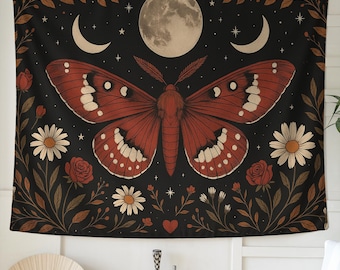 Boho himmelsk nattfjärilstapet med månfaser | Gotisk röd nattfjärilväggbonad med prästkragar och stjärnor, häxig natur sovrumsdekor