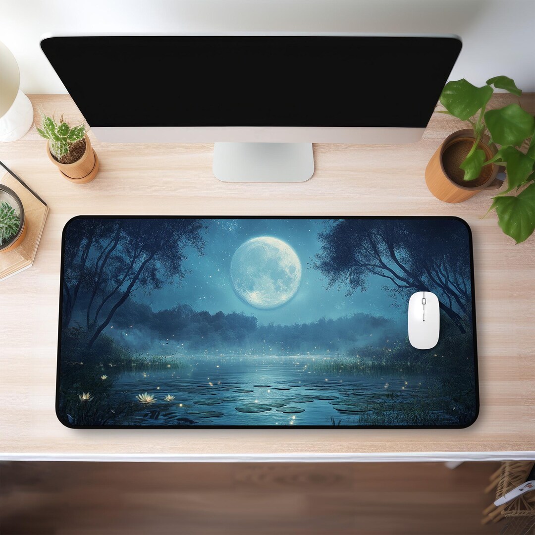 Moon Desk Large Moonlight Desk Mat – Enchanted Forest Lake Mouse Pad With Full ...