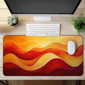 Large Desk Mat With Abstract Sunset Waves, Aesthetic Mouse Pad For Office, Colorful Gaming Desk Pad, Oversized Artistic Desk Decor