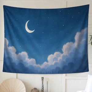 Moon and Cloud Tapestry – Dreamy Crescent Night Sky Wall Hanging for Boho Bedroom, Calming Nursery, or Spiritual Celestial Decor