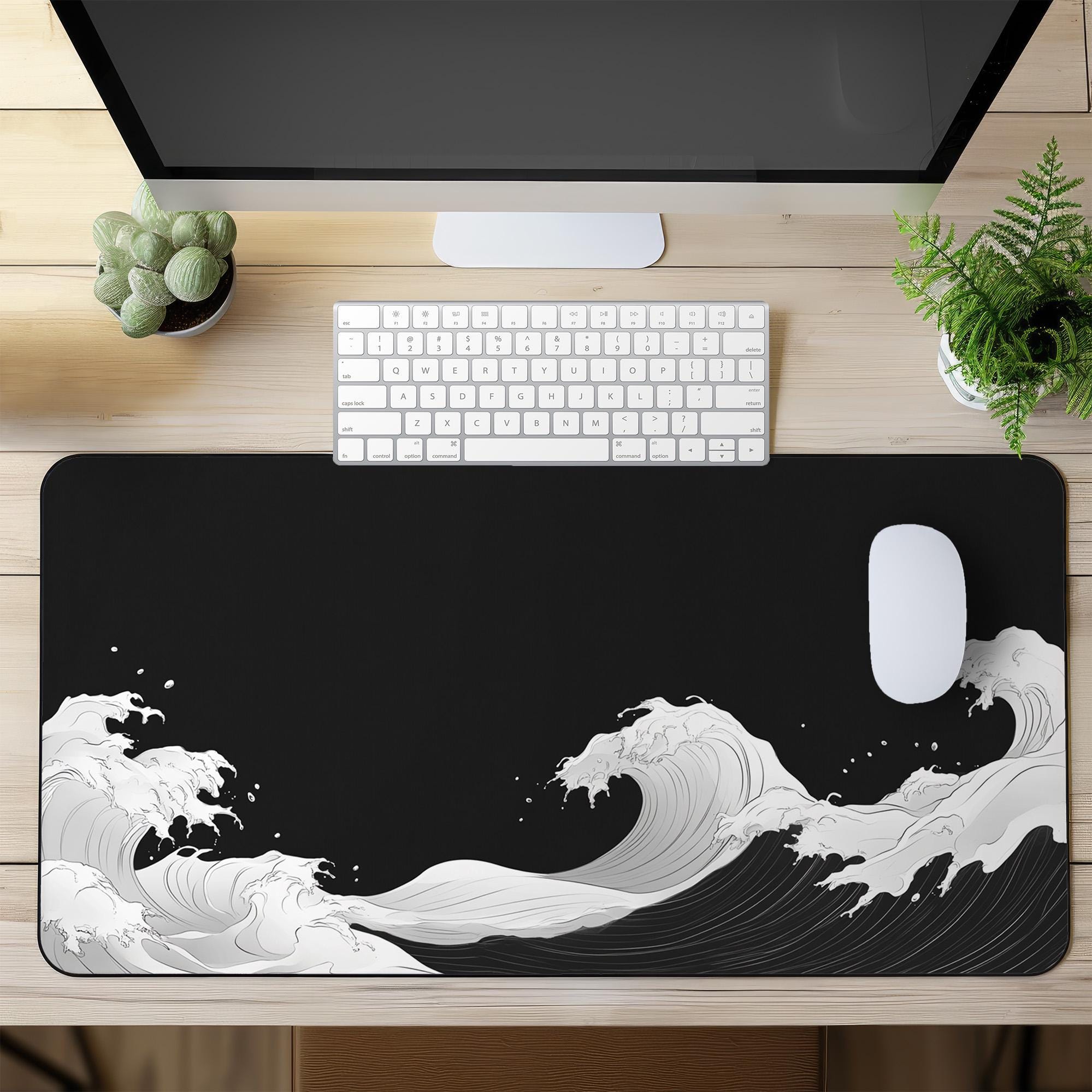 Japanese Wave Gaming Mouse Pad, XL Desk Mat With Minimalist Black