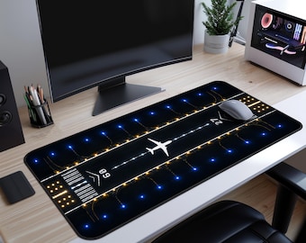 空港滑走路デスクマット、飛行機マウスパッド、航空ゲームデスクパッド、パイロットオフィス装飾、夜間飛行XXLデスクマット、旅行好きへのギフト