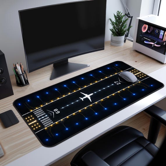 Airport Runway Desk Mat, Airplane Mouse Pad, Aviation Gaming Desk Pad, Pilot Office Decor, Night Flight XXL Desk Mat, Travel Lover Gift