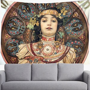 Tenture Murale Alphonse Mucha Art Nouveau - Femme Et Fleurs - 16 X 28 Pouces
