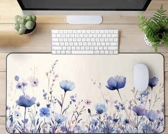 Elegant Blue Floral Desk Mat | Oversized Mouse Pad with Watercolor Wildflower Design | Non-Slip Desk Protector for Office or Gaming