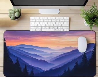 Large XXL Mountain Desk Mat – Purple Sunset Landscape XL Size Mouse Pad with Pine Forest Silhouette, Extended Waterproof Stitched Edge Pad