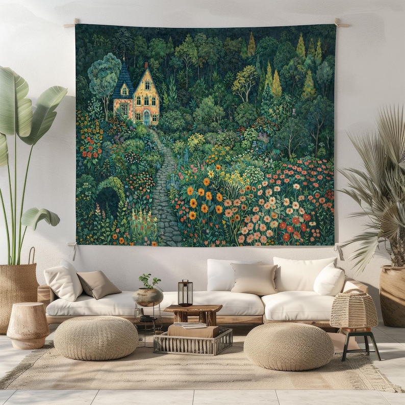 Cottagecore Garden House Tapestry Floral Landscape Wall Hanging Cozy ...