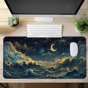 Großes Gaming Mauspad, Schreibtischmatte - XXL erweitertes Mousepad mit Sternenhimmel Wellen und Sichelmond Design