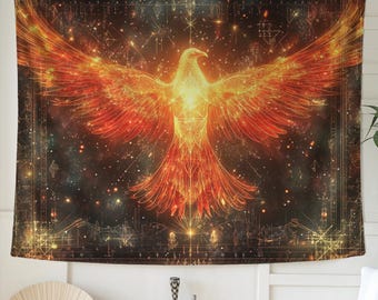 May include: A tapestry featuring a fiery phoenix with outstretched wings, rendered in shades of orange, red, and gold against a dark, starry background. The artwork includes geometric patterns and celestial elements, creating a mystical and decorative piece.