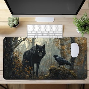 May include: A black wolf and a black crow are standing in a dark forest. The wolf is looking to the right and the crow is looking to the left. The background is a dark forest with trees and leaves.