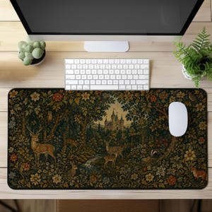 William Morris Forest Desk Mat, Medieval Woodland Mouse Pad, Vintage Tapestry Design, Cottagecore Animal Desk Pad, Office Decor, XXL Gaming