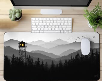 Firewatch Desk Mat, Black and White Mountain Mouse Pad, Large Gaming Mat, Minimalist Forest Desk Pad, Aesthetic Office Decor