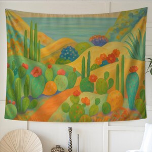 Colorful Cactus Wall Tapestry | Bright Desert Landscape with Flowers and Hills | Fun Southwestern Boho Decor for Dorm, Studio, or Home