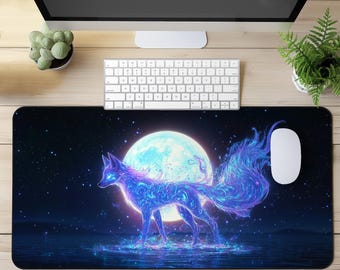 May include: A blue and purple fox with a glowing tail and a full moon in the background. The fox is standing on a dark blue surface with stars in the background. The mouse pad is designed for use with a computer.