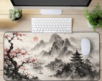 Japanische Schreibtischunterlage, Sumi-e Mauspad, Zen Landschaft Schreibtischunterlage, Ukiyo-e Schreibtischunterlage, Kirschblüten Mauspad, XXL Gaming