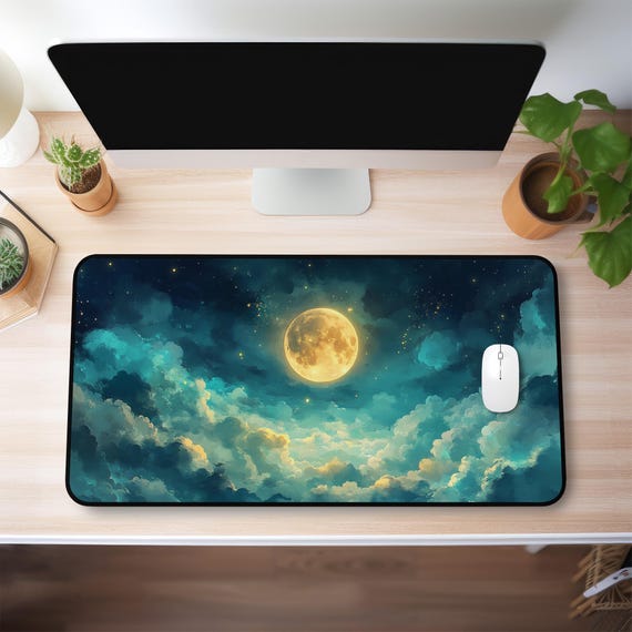 Tappetino Per Scrivania XXL 80x40 Cm Con Montagne E Luna Stellata - Morbido E Antiscivolo Per Gaming E Ufficio - Regalo Estetico Per Ragazze E Ragazzi
