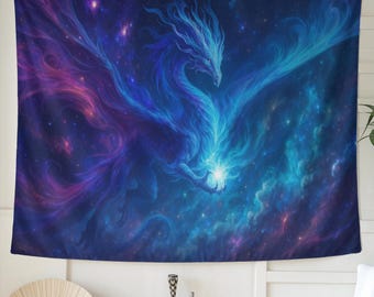 Celestial Dragon Tapestry – Vibrant Galaxy Wall Art for Fantasy Room Decor, Mystical Bedroom Aesthetic or Gift for Gamers and Dreamers