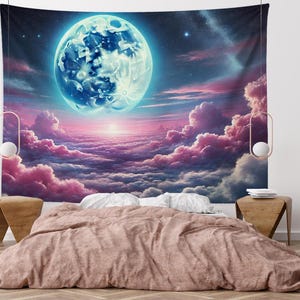 Full Moon Cloudscape Wall Hanging Tapestry, Surreal Night Sky Tapestries, Dreamy Celestial Decor, Boho Bedroom Wall Art, Mystical Moon