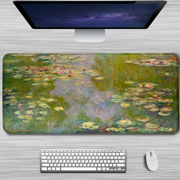 Claude Monet Tapis de bureau Nénuphars 1919 Tapis de souris d'art célèbre Grand tapis de souris XXL Bords cousus étendus Grande base en caoutchouc antidérapant