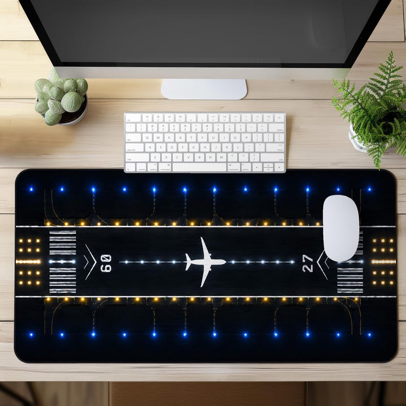 Airport Runway Desk Mat, Airplane Mouse Pad, Aviation Gaming Desk Pad, Pilot Office Decor, Night Flight XXL Desk Mat, Travel Lover Gift image 2