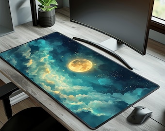 Tappetino da scrivania con luna, grande tappetino per mouse con nuvola, tappetino da gioco con cielo notturno celeste, tappetino da scrivania extra large, decorazione estetica per scrivania lunare