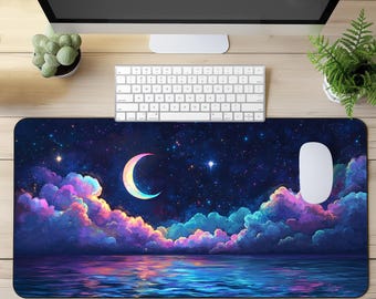 Tappetino da scrivania Dreamy Moon and Starry Night, tappetino per mouse XXL, tappetino da scrivania esteso con nuvole colorate per giochi o ufficio