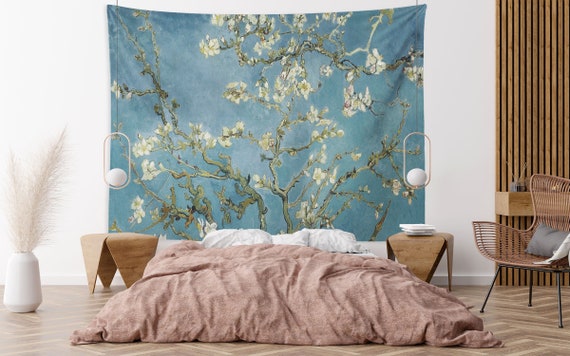 Van Gogh Almond Blossom Tapestry Floral Blue Wall Art Tapestry Decor Bedroom Dorm, Modern Art Wall Hanging Tapestries Large
