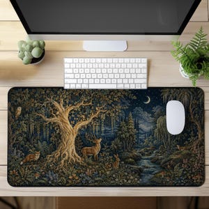 Enchanted Forest Desk Mat, Woodland Mouse Pad, Dark Cottagecore Gaming Mat, Deer Owl Fox Nature Desk Decor, Forest Lover Gift