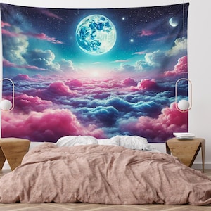 Moonlit Cloudscape Wall Hanging Tapestry, Dreamy Night Sky Tapestries, Celestial Bedroom Decor Boho Cloud Wall Art Surreal Moon Wall Hanging