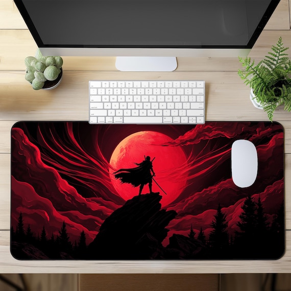 Samurai Gaming Mouse Pad, XXL Desk Mat With Blood Red Moon, Dark