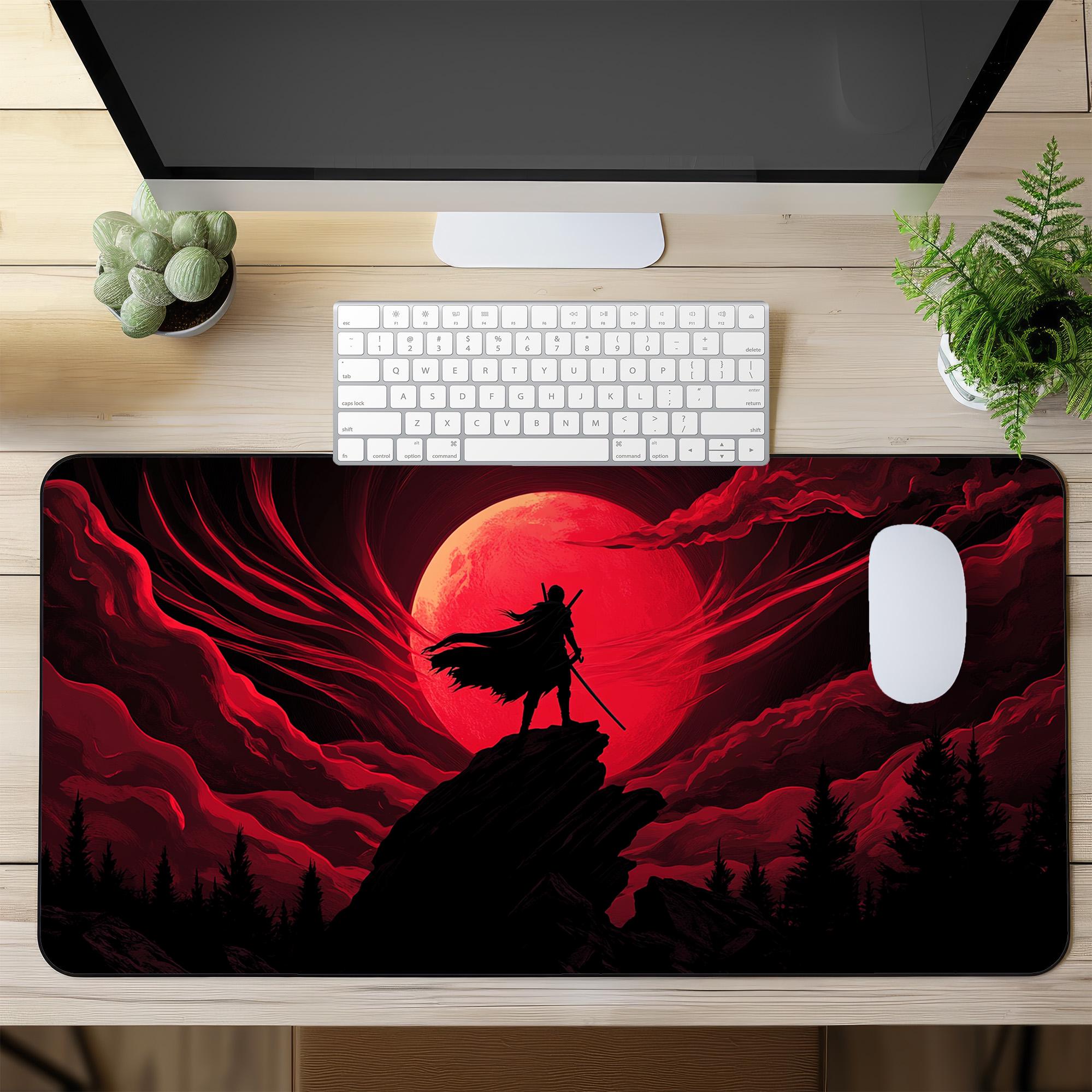 Samurai Gaming Mouse Pad, XXL Desk Mat With Blood Red Moon, Dark