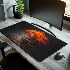May include: A rectangular black desk mat with an illustration of a tree with orange and yellow leaves. The artwork is set against a dark background. The mat is designed for use with a computer mouse and keyboard, and measures approximately 80 cm x 30 cm.
