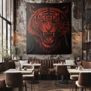 Fierce Red and Black Tiger Tapestry Wall Hanging – Bold Jungle Animal Art Print for Bedroom or Living Room, Vertical Tapestries Decor