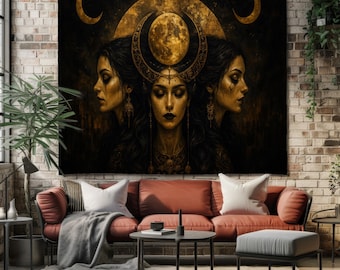 Triple Moon Goddess Tapestry Dark Feminine Lunar Witchcraft Mystical Wall Decor