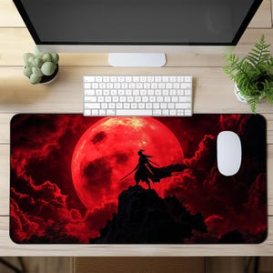 Samurai Gaming Mouse Pad, XXL Desk Mat With Blood Red Moon, Dark Aesthetic Mousepad, Big Extended Mouse Mat, Japanese Warrior Gift