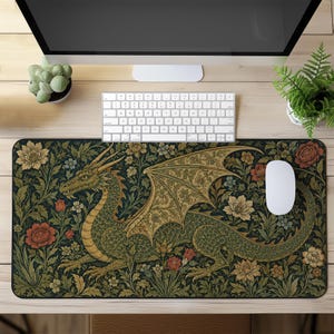 Bureaumat middeleeuwse draken – William Morris-stijl muismat, bureaumat fantasiebotanisch gamen, gotisch Cottagecore-bureaudecor