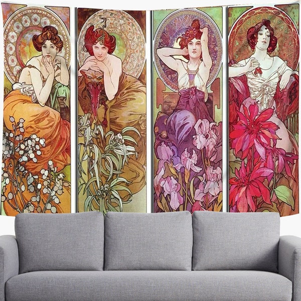 Art Nouveau Wall Tapestry Alphonse Mucha Art Print Wall Art Wall Decor Aesthetic Tapestries for Apartment, Living Room, Bedroom, Dorm
