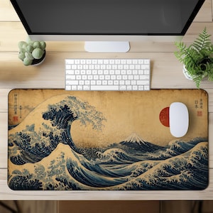 Alfombrilla de escritorio japonesa de La Gran Ola – Alfombrilla de ratón vintage de Hokusai, alfombrilla de escritorio con motivos oceánicos Ukiyo-e, decoración de oficina con arte japonés del Monte Fuji
