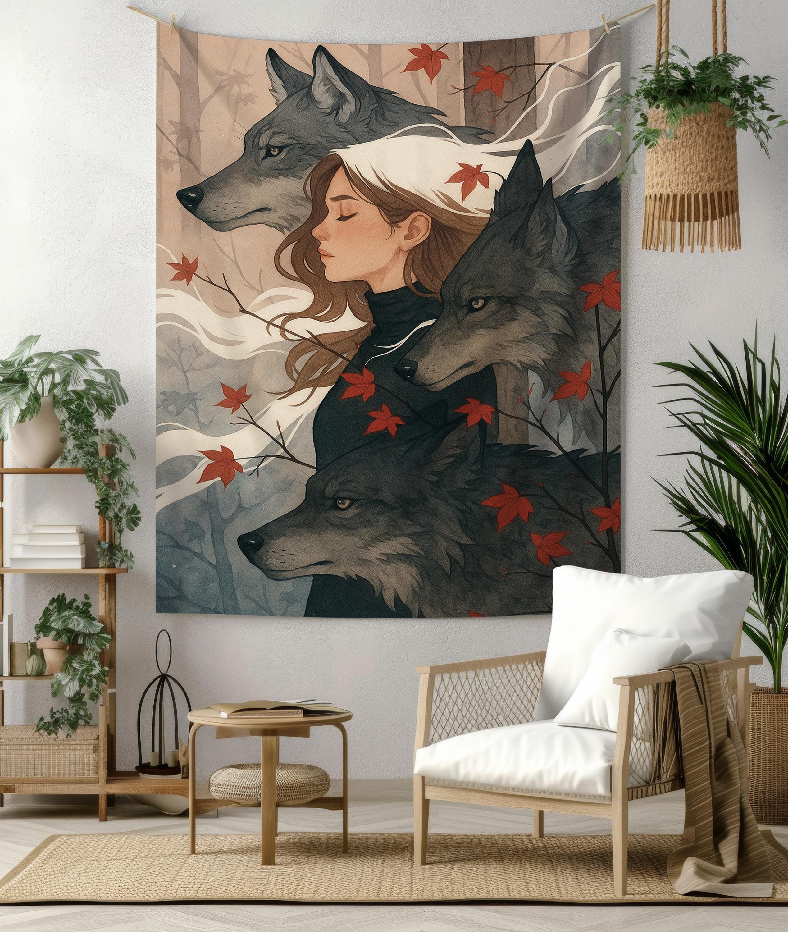 Mystic Wolf and Woman Tapestry – Spiritual Forest Wall Art for Boho Home Decor, Wild Feminine Power Gift, Soft Autumn Nature Hanging